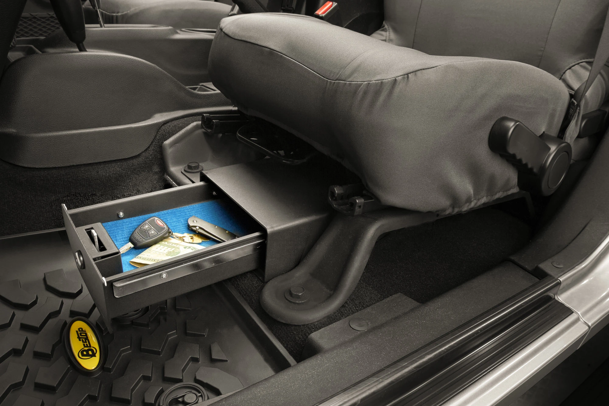 Bestop 4264001 Locking Under Seat Storage Box in Textured Black for 07-10 Jeep Wrangler & 07-18 Wrangler Unlimited JK Driver Side