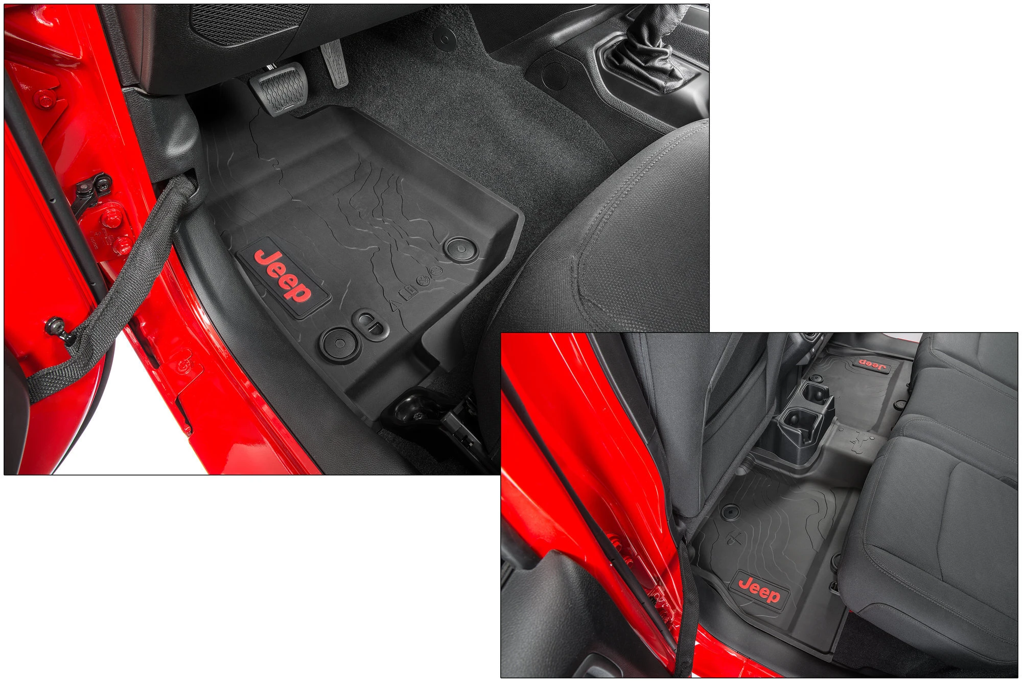 Mopar 82216624AB All-Weather Front & Rear Floor Liner Set with Red Jeep Logo for 21-26 Jeep Wrangler JL Unlimited 4XE